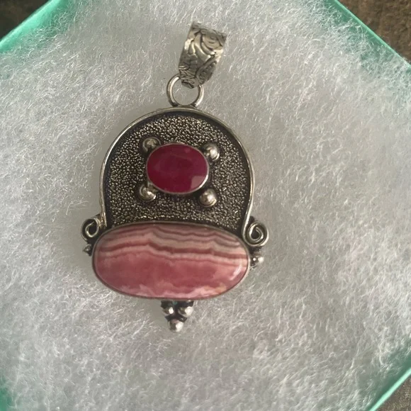 Ruby / Striped Rhodochrosite 925 Sterling Silver Pendant /Hand Crafted ❤️ - Picture 3 of 6